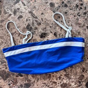 Aerie | Women’s Blue and White Bandeau Bikini Top White Ribbed Adjustable Straps